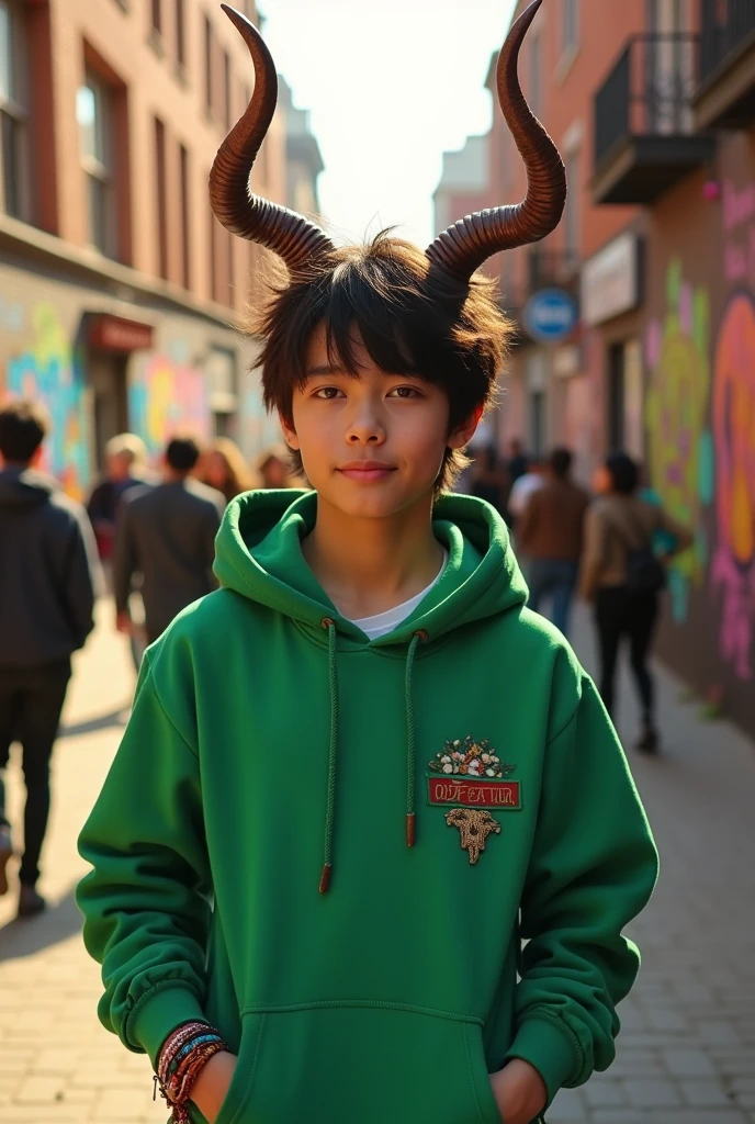 A teenager with a green hoodie and wooden horns 