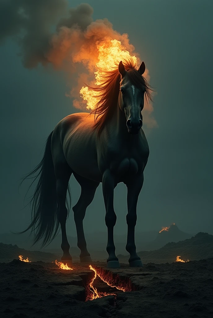 A headless horse with fire instead of a head in front of a crack at night 