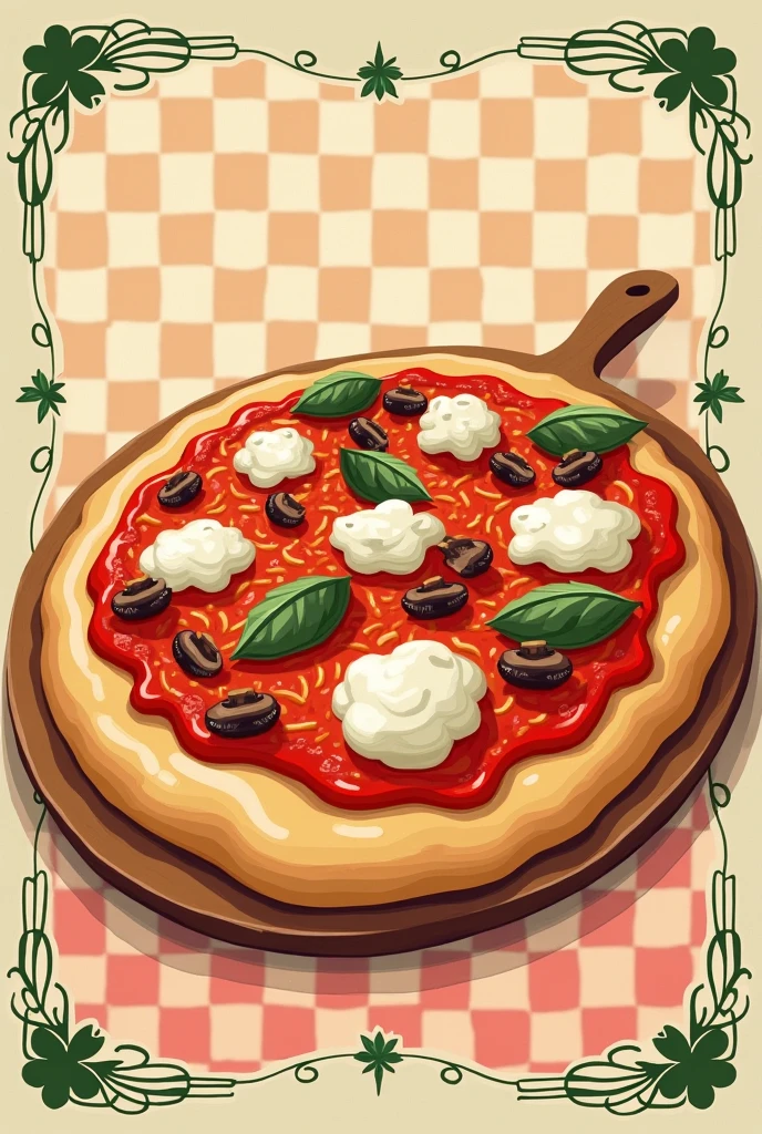 I want to create a drawing with a retro style, of a pizza with mushrooms