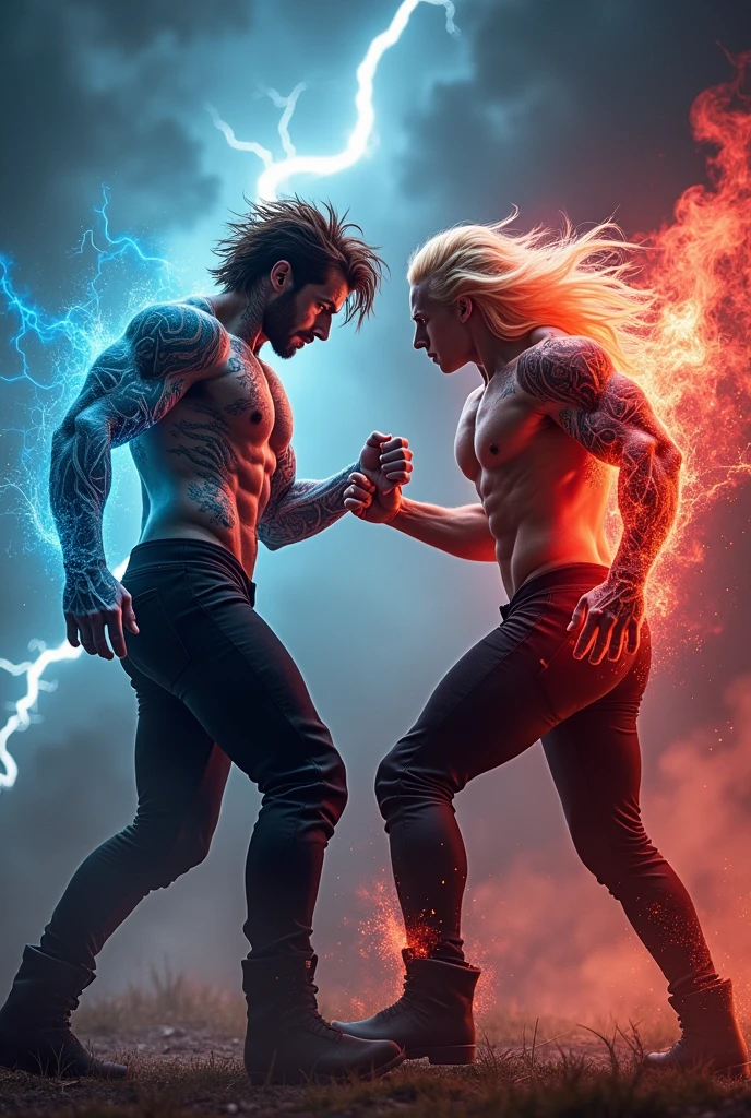 Make a muscular man with messy brown hair wearing brown medieval style pants, his body is full of blue demonic symbols this one has blue energy, and do it by fighting a long-haired, blond muscle man with red demonic symbol tattoos, This one has red power energy, and he wears black pants and black boots