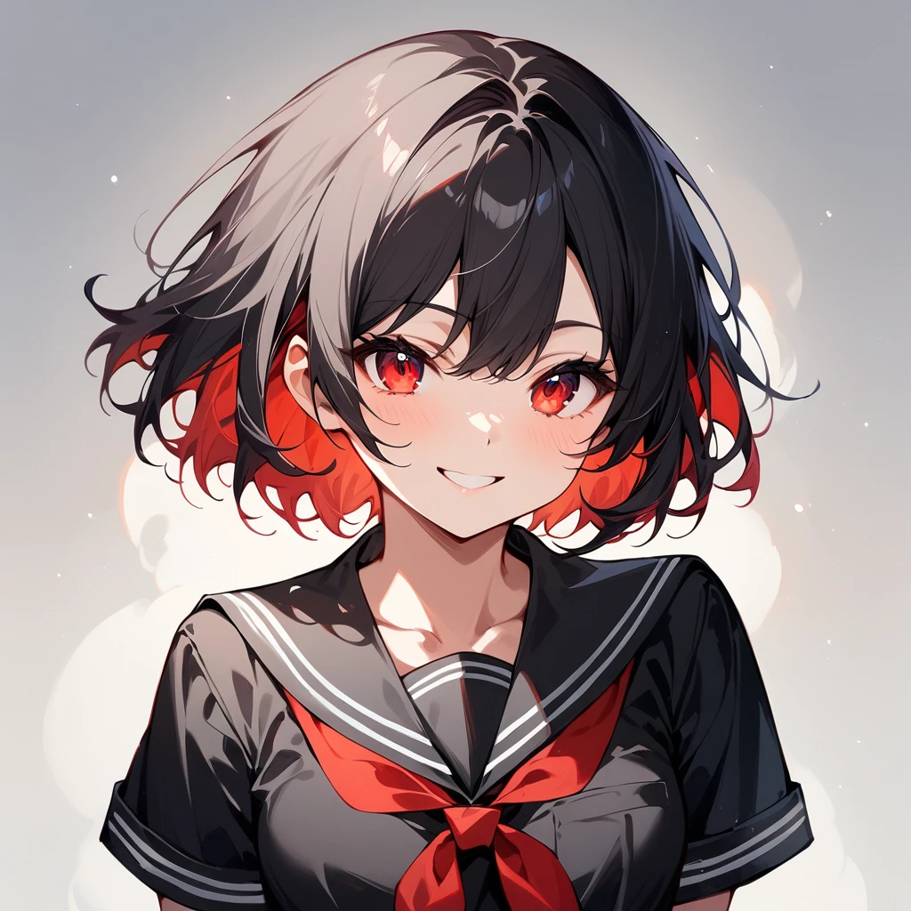 score_9, score_8_up, score_7_up, masterpiece, ultra-detailed, pretty eyes,1Girl, solo, teenager, short, small chest, big hips, smile, red eyes, thick thighs, short hair, black hair, red Inner Hair, teenager, wearing (BLACK clothing). BLACK short-sleeve serafuku, red neckerchief,  Simple background, White background, portrait
