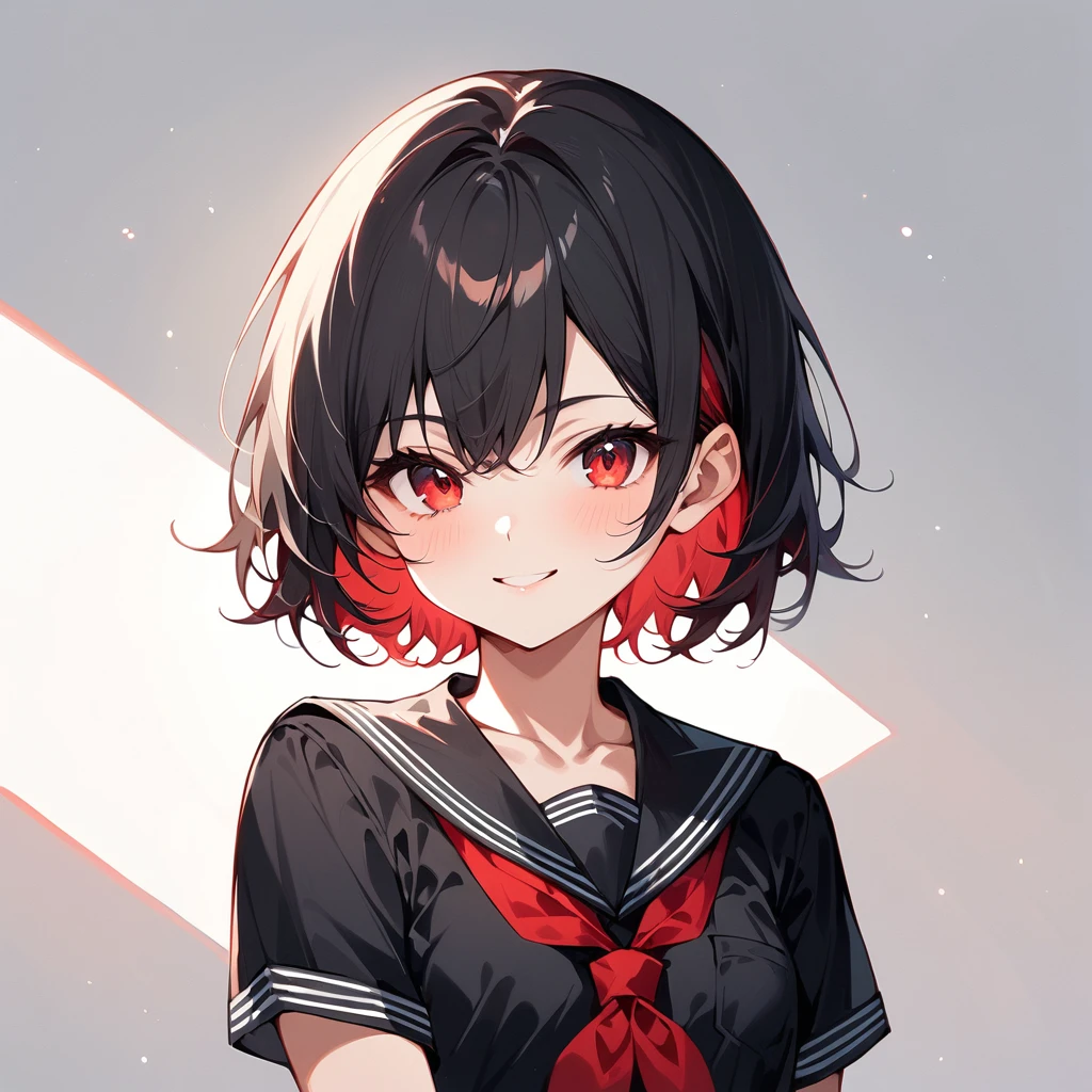 score_9, score_8_up, score_7_up, masterpiece, ultra-detailed, pretty eyes,1Girl, solo, teenager, short, small chest, big hips, smile, red eyes, thick thighs, short hair, black hair, red Inner Hair, teenager, wearing (BLACK clothing). BLACK short-sleeve serafuku, red neckerchief,  Simple background, White background, portrait
