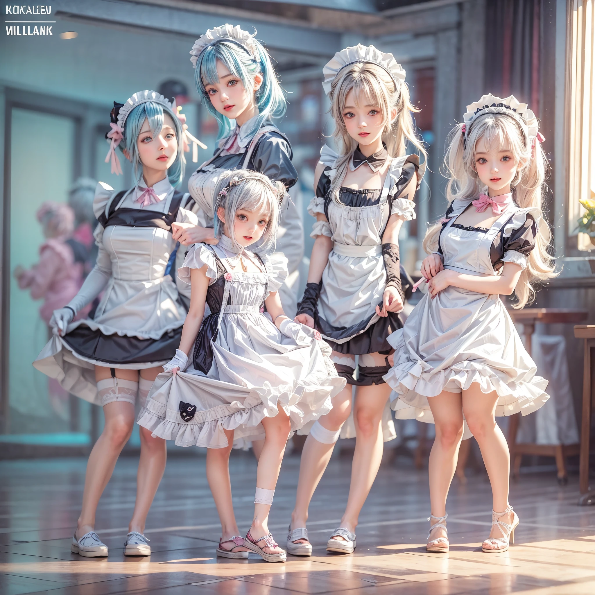 (Full Body of Extremely Detailed((Kawaii Maid Group in a row:1.37))), Childish perfect face, Reflective Eyes, Detailed(Delicate Clothing textures), Correct Leg Line, Dynamic Joyful Expressions LifeLike Rendering, Specular Reflection, TopQuality 8K Ultra-detailed masterpiece (ProfessionalPhoto:1.37), (Acutance:0.8), (Luminism:1.28), (Renaissance art style), Colorful Light particles, ((Full body from side)), {MicroMini(SkirtLift)|Kissing|Breast Lifting|Undressing|Thigh Gap}, Radiant Fine Skin with Transparency, (Exposed:0.5), (Different types of Anime hair color){Pink Hair|Light Blue Hair|Pure White Hair}, Perfect Lighting