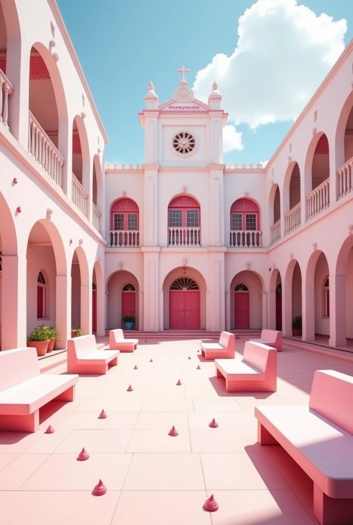 (photorealism:1.2) Empty pink girls' school inside yard, pink and white classic or modern school building with pink benches, clean in good shape, the sign "Colegio Coquetas" and the signs of many kisses 💋 on the walls, not childish drawings on the walls, no crosses anywhere, realistic, intricate details