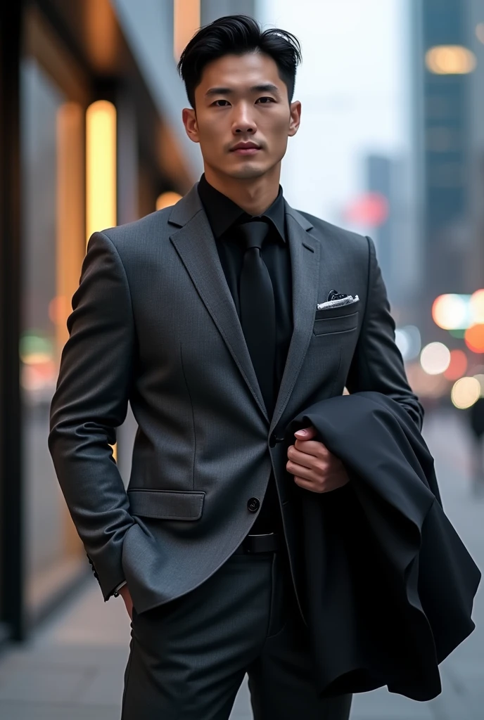 A tall, strong Korean man in formal attire holding a coat in his hand.