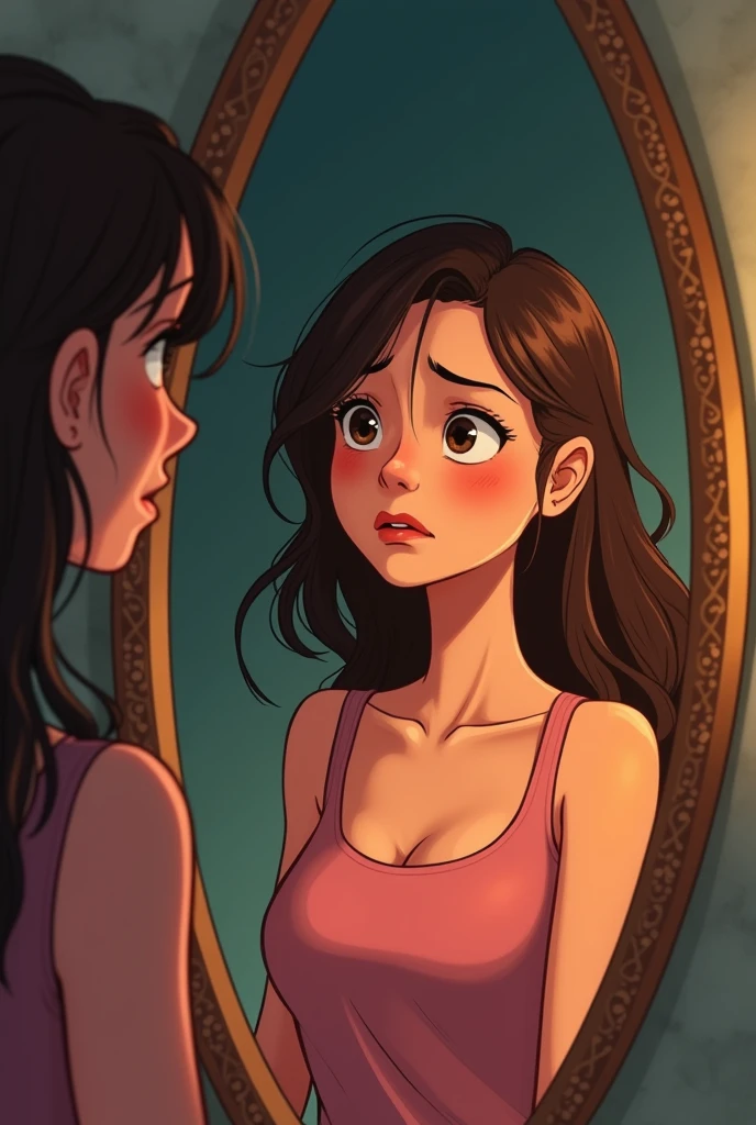 A woman in a room looking in the mirror worried about her hair loss, with a close up capturing her concern about the weakness of her hair, showing your sadness and frustration at not being able to find a solution to your problem with your hair falling out in your hands With animation style/drawning