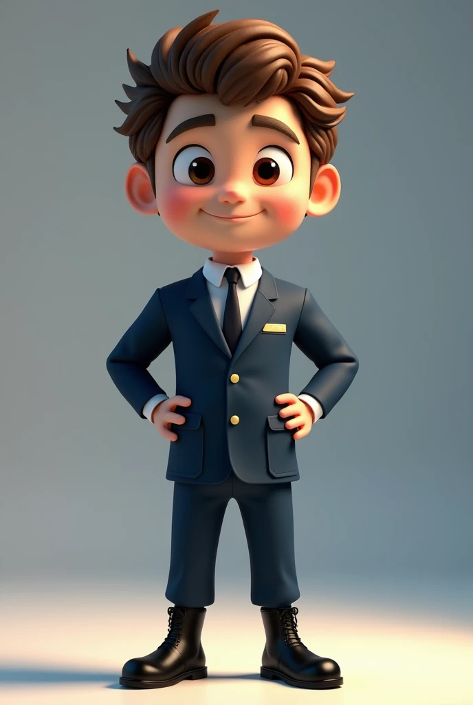 Create a 3d mascot with an adult face without a beard, a thin, light brown male with a thin face and a thin chin with brown eyes in a dark blue uniform with dark blue pants without details with black boots, and also with curly, short hair, goose bumps and bald with a thin nose.