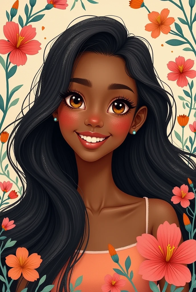 Long, dark hair on brown skin with bright brown eyes smiling in a drawing