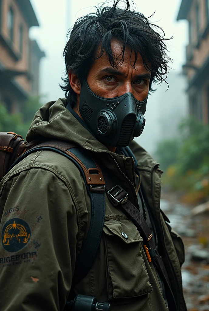 CREATE A DRAWING OF A MAN WITH DARK HAIR, BROWN EYES AND MASKED, GAME THEME IN A APOCALYPSE FOR A LOGO