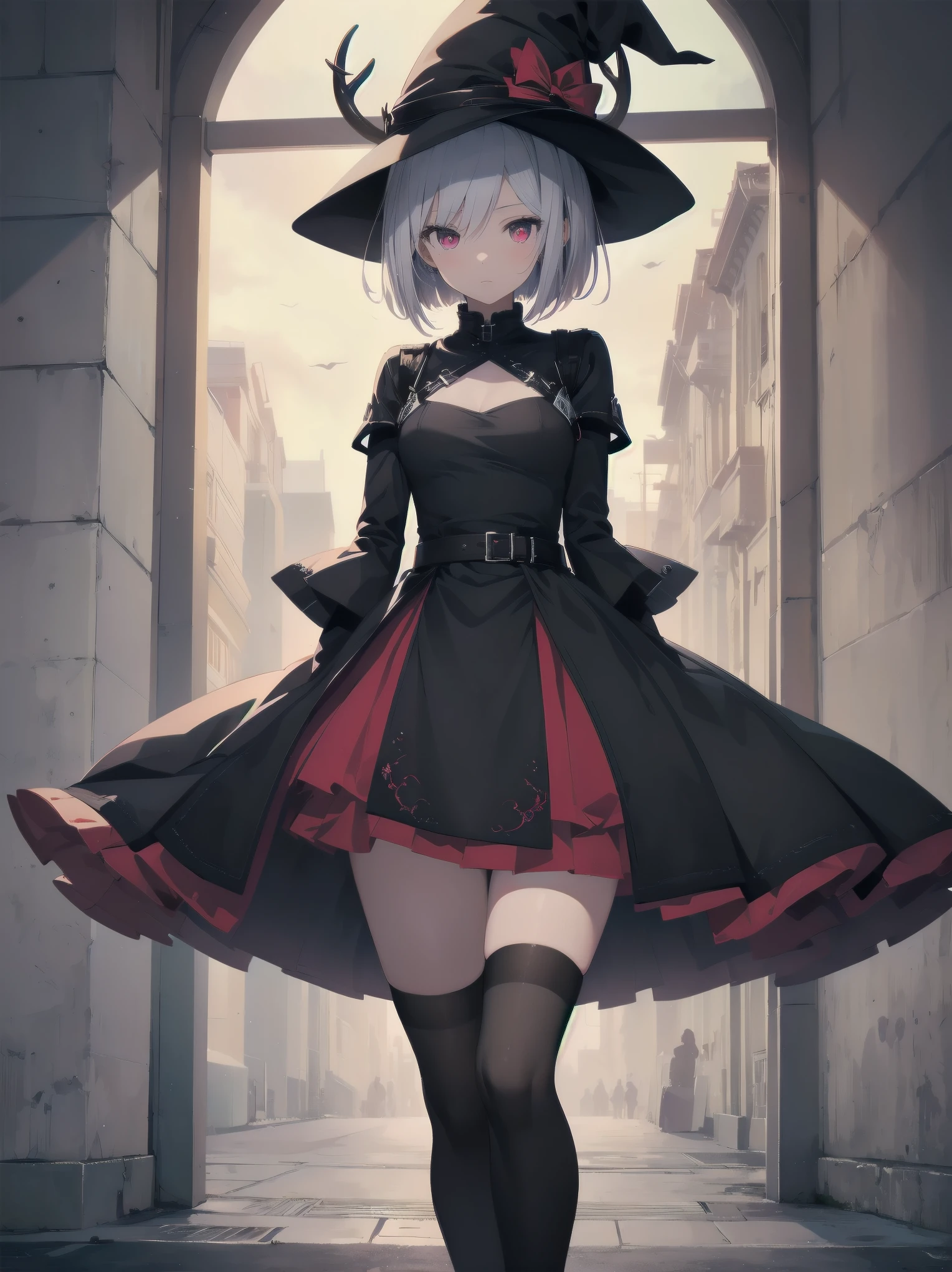(Masterpiece artwork: 1.3), (top-quality: 1.2), Grande plano de one rapariga bonita, Ultra-detailed illustration, Ultra-high quality, high qualiy, top-quality, members, Fingers, beautiful and slender girl, one, Eyes red, leather witch cosplay, little devil, bob cut, black stocking, deer hat, illuminated kinematics