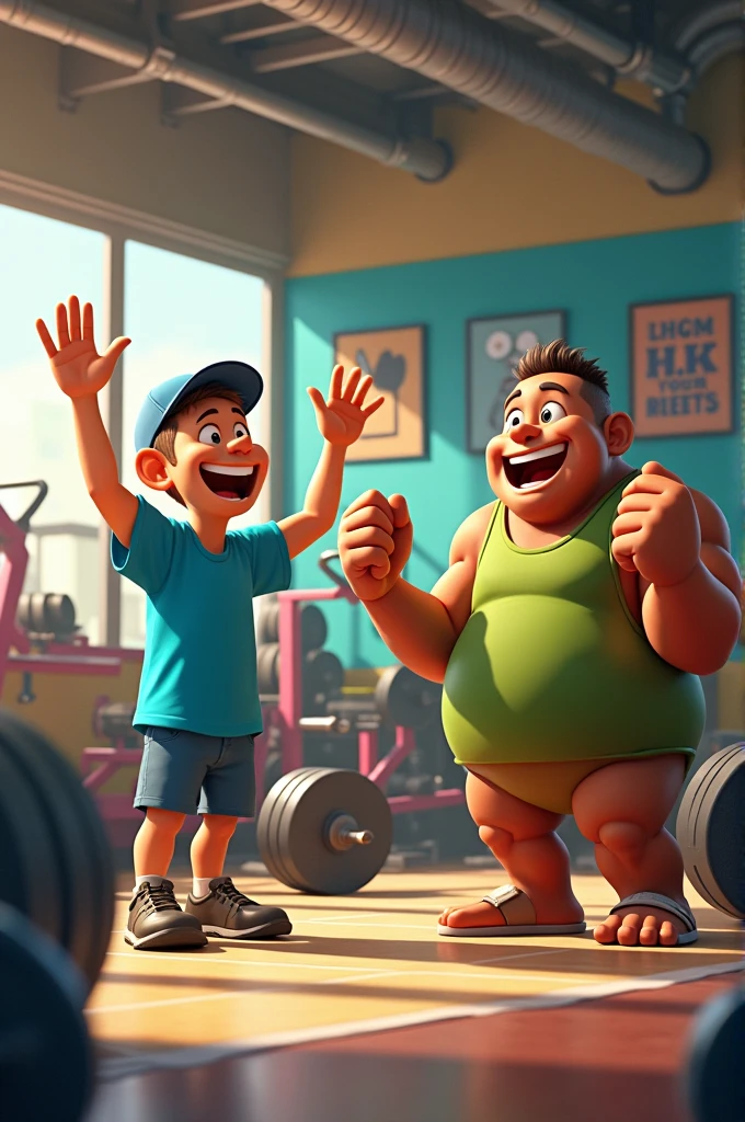 I want the character Clarence from the animated series in the middle of a gym with his friends Jeff and Sumo exercising.