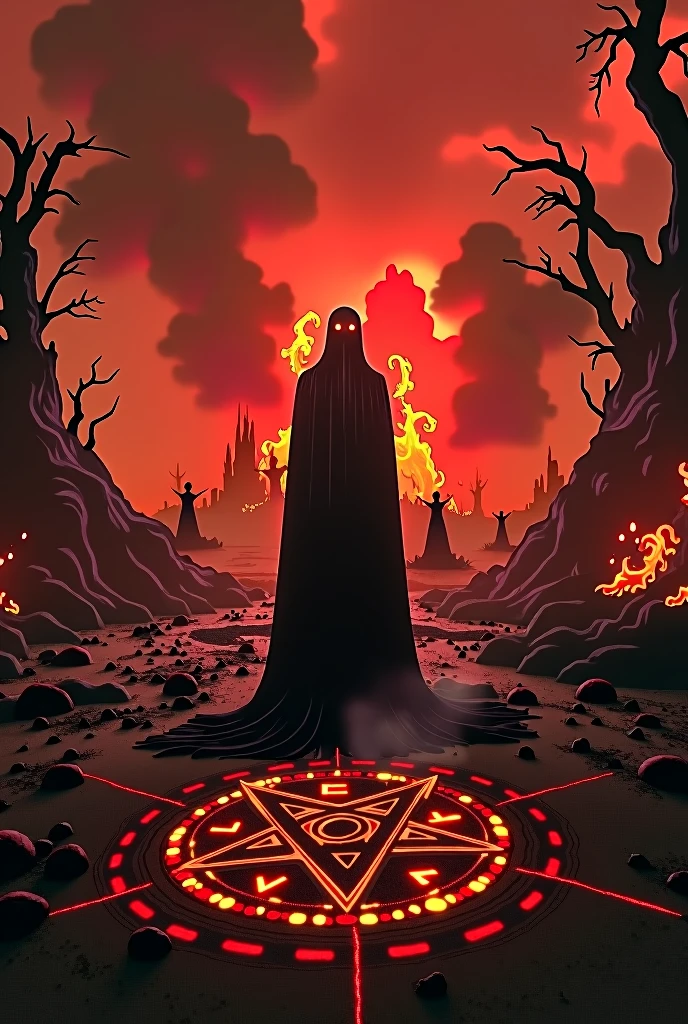 black body, witches burning, occult symbol, Pentagram, Aleister Crowley's Unicursal Hexagram, olhos com fogo, apocalyptic cenary