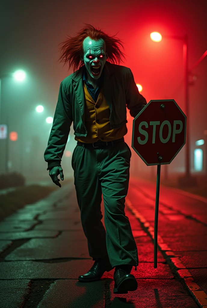  A nightmarish zombie character with dark green skin and an exposed jaw, his huge mouth twisted in a scream. His eyes glow with angry red energy, and he wears a blood-colored clown wig. His torn gray clothing flaps in the wind, as he wields a "STOP" sign menacingly. The scene is set in a desolate urban environment, cracked asphalt streets, and flickering streetlights, with mist rolling through. Blood-red lighting adds to the horror. Created using: realistic horror lighting, extreme detail, eerie fog effects, cinematic framing, dynamic colors, unsettling shadows, hd quality, nightmarish atmosphere --ar 16:9 --v 6.0