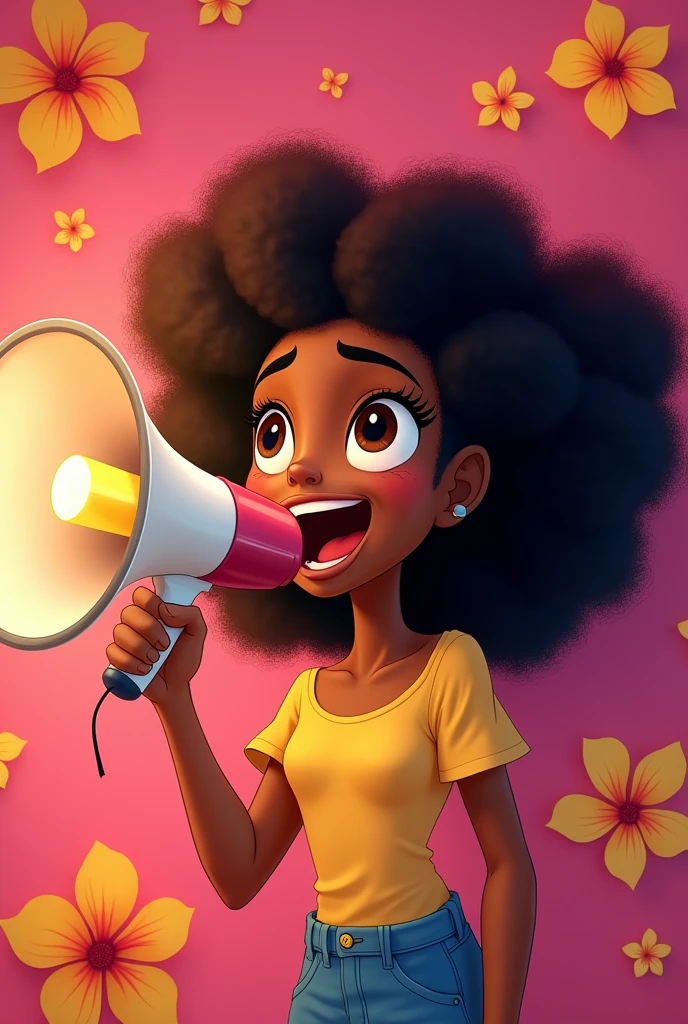  girl with curly hair brown eyes black skin using megaphone with big pink background with hibiscus in disney animation only face
