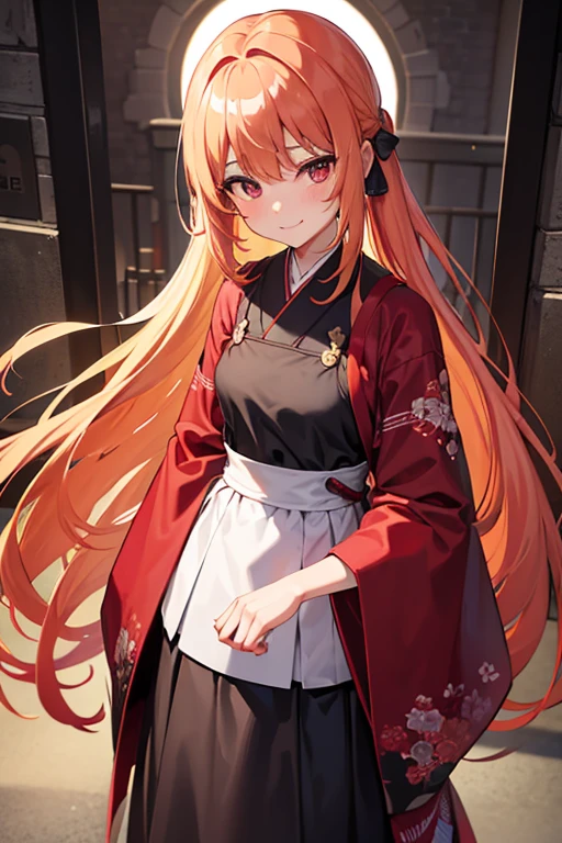 work of art, best qualityer,1 girl, standing alone, red 弓, 弓, long hair, hair 弓, Ainu clothing, standing alone, hair elastic, hair blonde, manga curta, range, bangss, red hair elastic, breastsout, eyes browns, Japanese clothing, work of art, drlight smile, Staring at the viewer