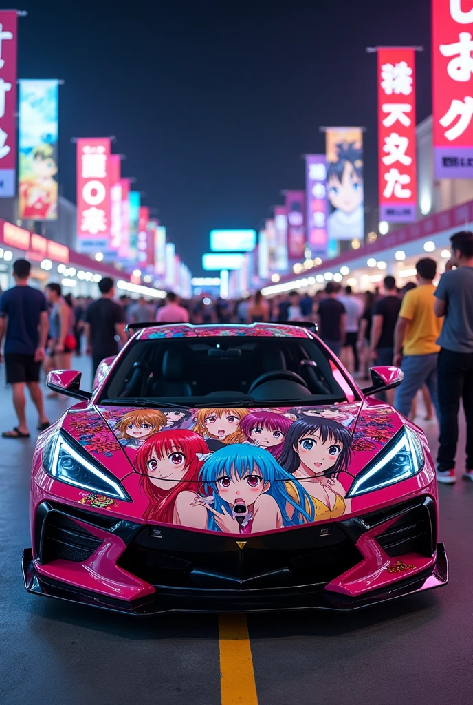 a ecchi car, a car with body painted with anime theme