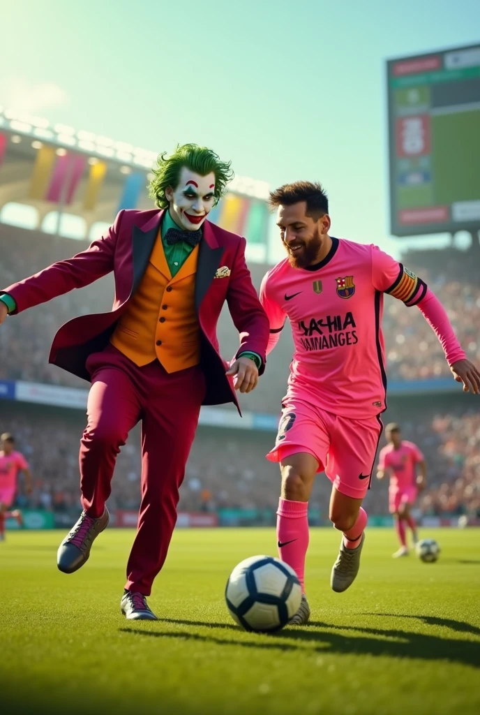 Make the 2019 Joaquin Phoenix Joker in his red suit playing soccer with Lionel Messi in his pink Miami uniform.