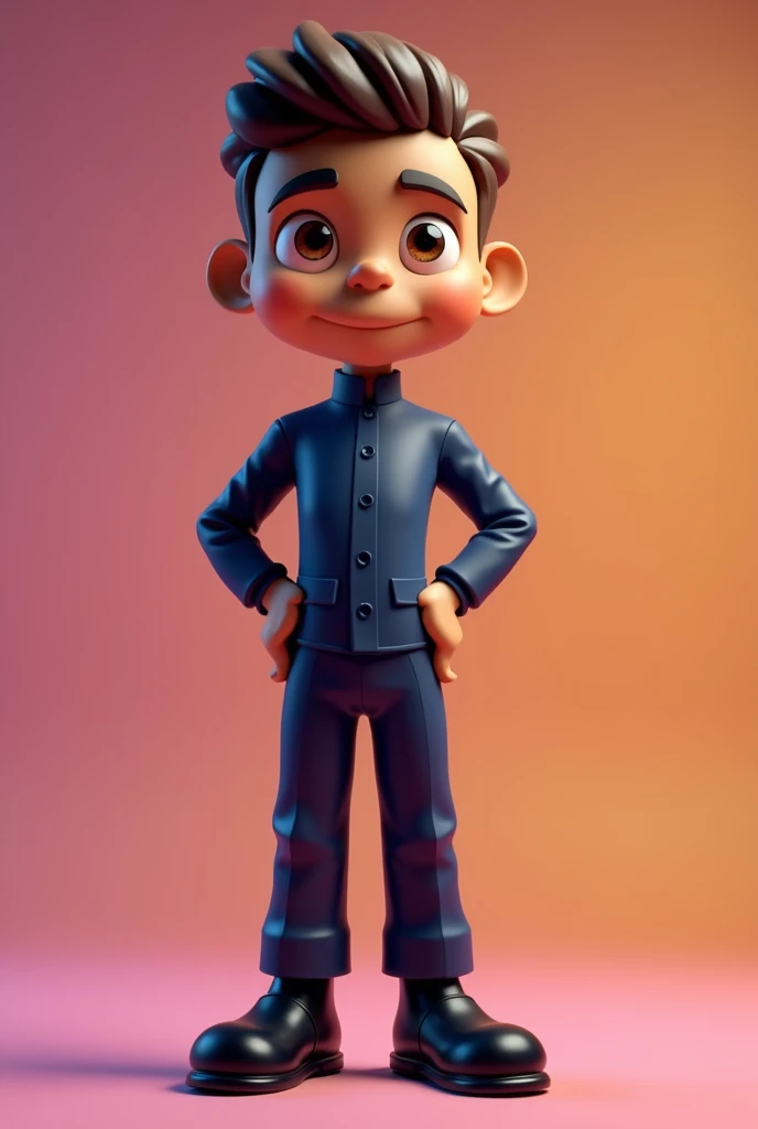 Create a 3d mascot with an adult face without a beard, a thin, light brown male with a thin face and a thin chin with brown eyes in a dark blue uniform with dark blue pants without details with black boots, and also with curly, short hair, goose bumps and bald with a thin nose.