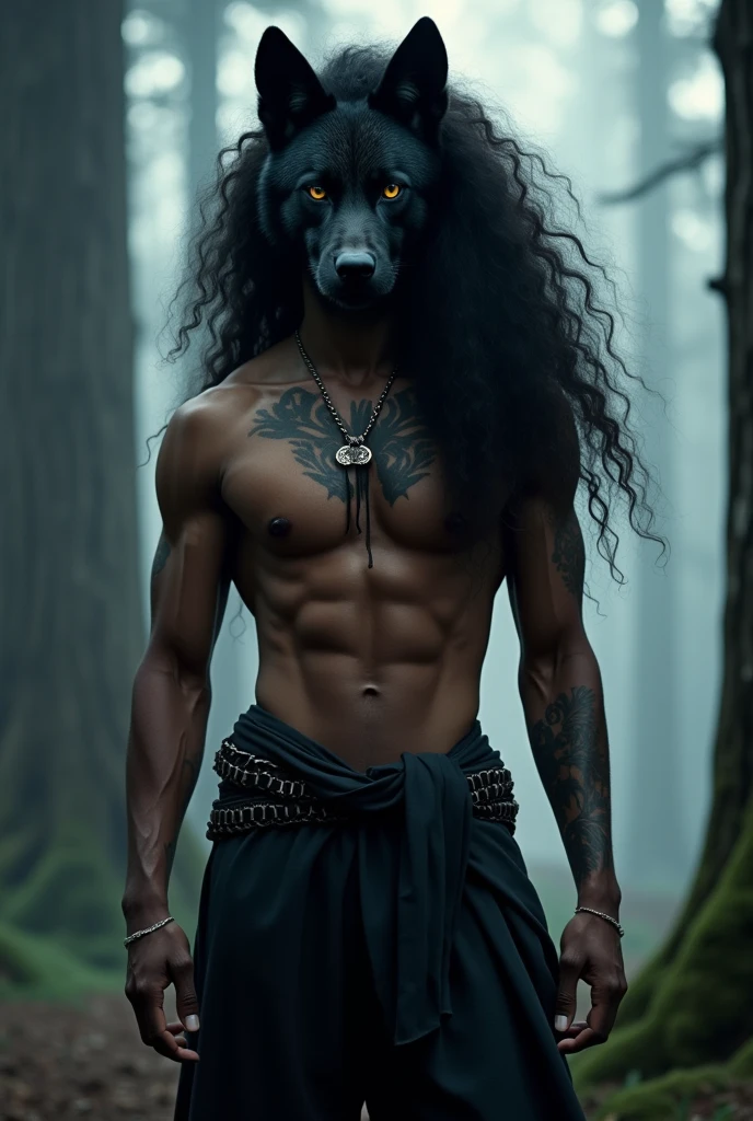 Half human, half wolf, with dark skin, voluminous curly hair, and very sexy and stylish dark brown eyes.