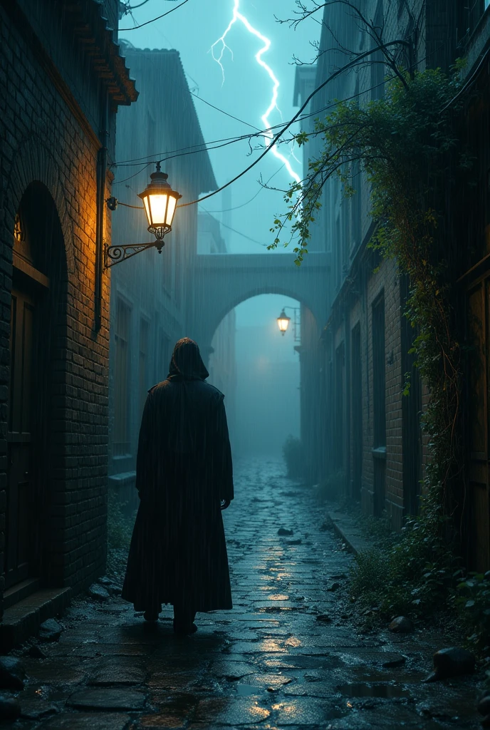 Old scary dark raining enviroment