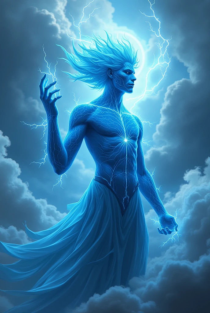 make me a wind genasi from the dungeons and dragons game which has cyan skin with cracks in it where light electric air comes out, whose hair is vapor that surrounds his head
He is a cleric with the appearance of an 18-year-old boy
