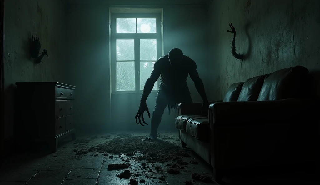 "The silhouette of a humanoid creature with claws tearing at furniture in a dimly lit room, as the shadows writhe and crawl across the walls." Fear and horror