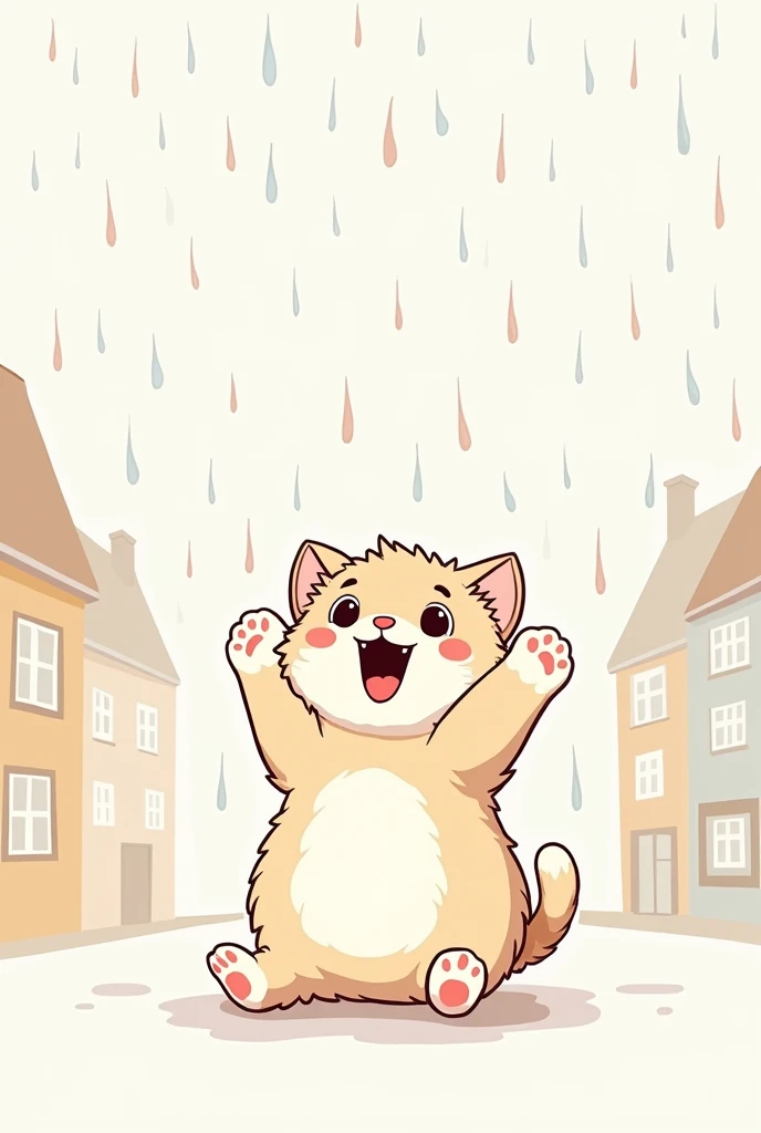 A cute cat is playing in the rain. Background has some buildings. Simple line art illustration 