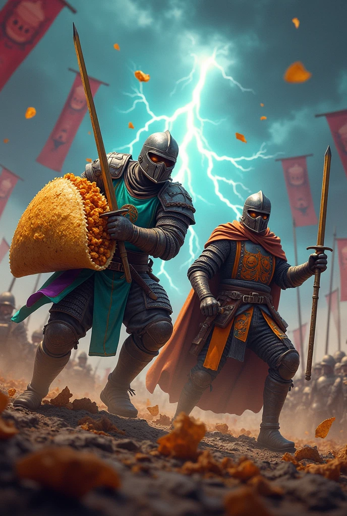 Taco Bell restaurant as a medieval Warrior fighting alongside Panda Express restaurant as a medieval Warrior in a battlefield.