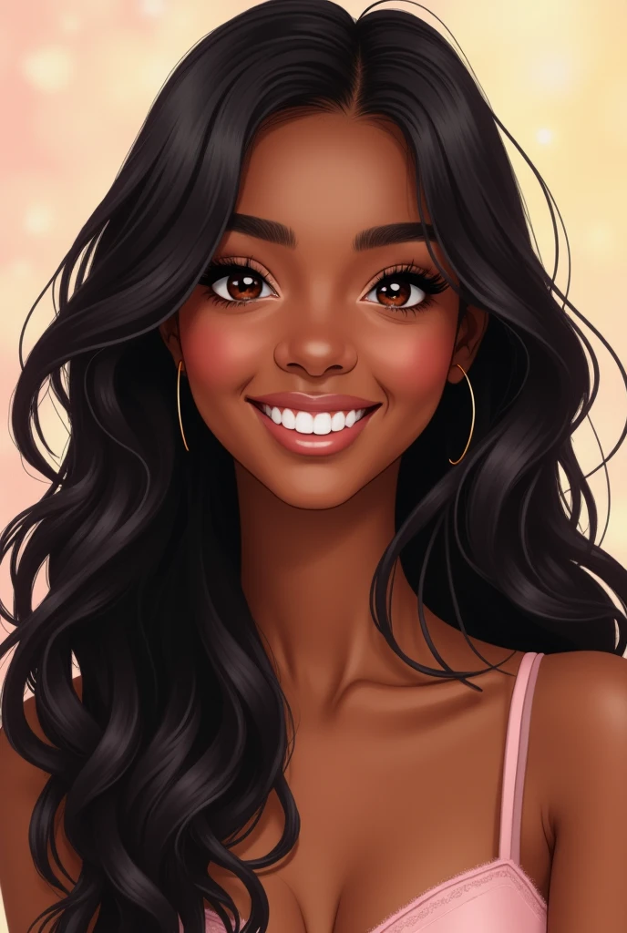 Long, dark hair on brown skin with bright brown eyes smiling in a drawing