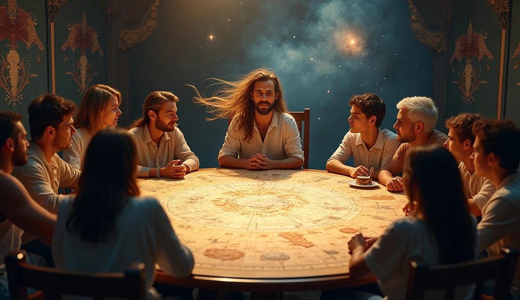 A balanced image showing Sagittarius discussing with others at a round table, with a cosmic map and various viewpoints being considered, illustrating the need for open dialogue. --ar 16:9
