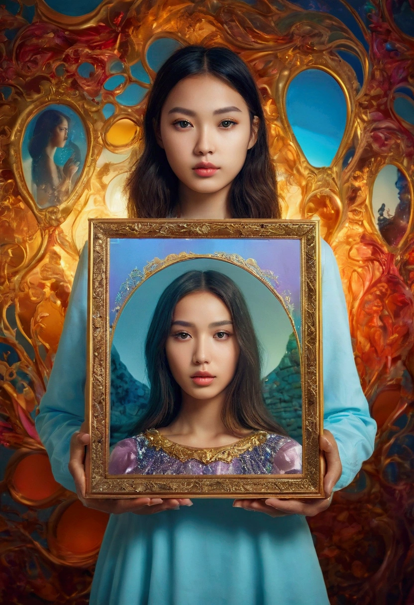A person holding a photo frame with a beautiful girl's photo, surreal art illustration, vibrant colors, detailed mirror reflections, realistic lighting, emphasis, portrait, surrealism, ethereal, distorted, abstract, conceptual art