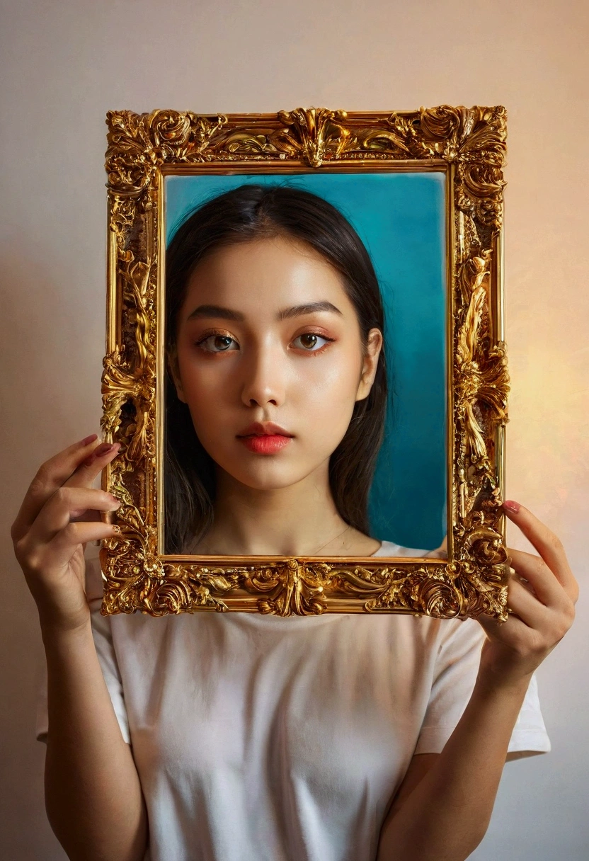 A person holding a photo frame with a beautiful girl's photo, surreal art illustration, vibrant colors, detailed mirror reflections, realistic lighting, emphasis, portrait, surrealism, ethereal, distorted, abstract, conceptual art