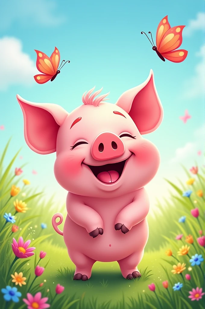 The pink pig is laughing.