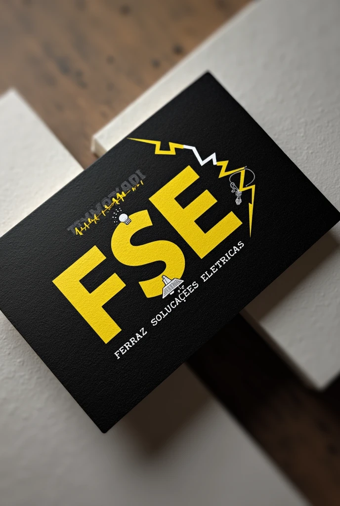 A business card for an electrical solutions company called Ferraz Soluções Elétricas, with the initials FSE, with black colors, Yellow and White, with elements of lightning and lamps and cables 

