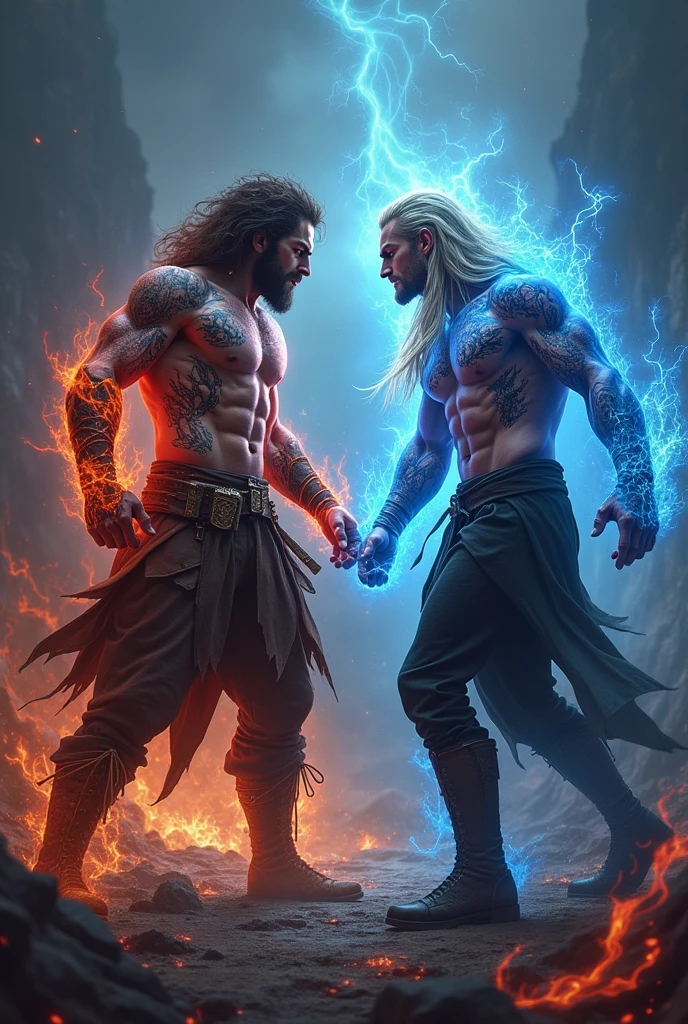 Make a muscular man with messy brown hair wearing brown medieval style pants, his body is full of blue demonic symbols this one has blue energy, and do it by fighting a long-haired, blond muscle man with red demonic symbol tattoos, This one has red power energy, and he wears black pants and black boots