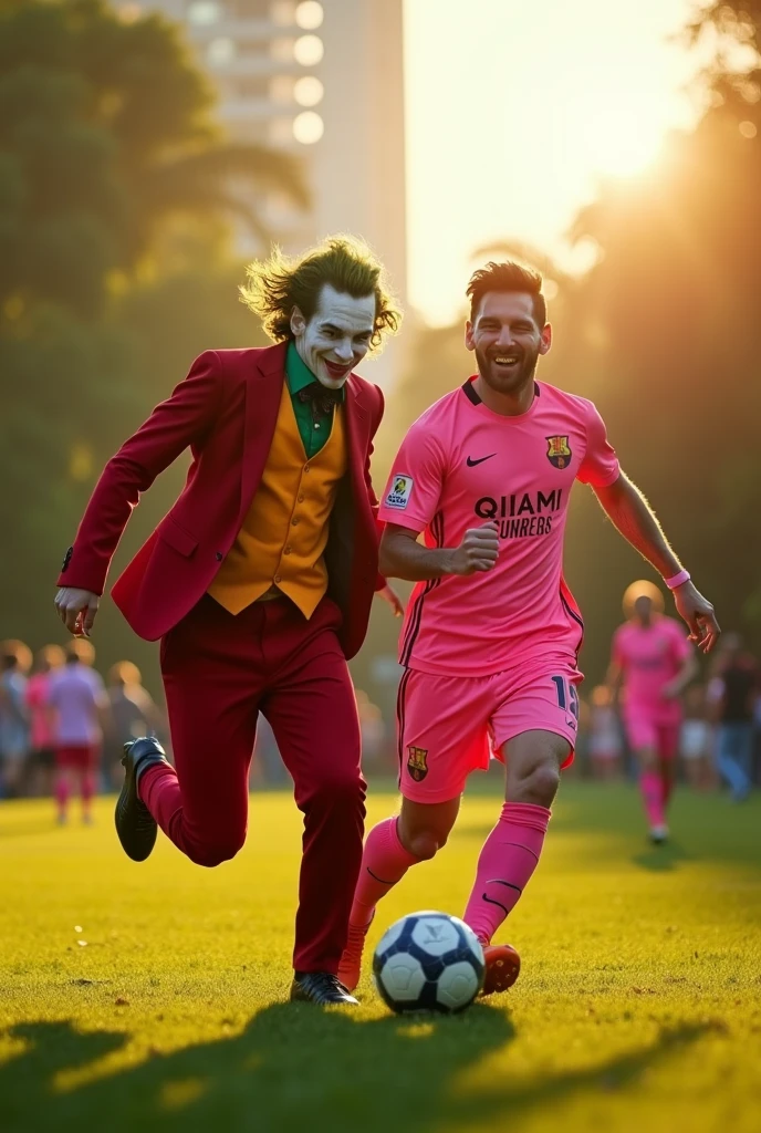 Make the 2019 Joaquin Phoenix Joker in his red suit playing soccer with Lionel Messi in his pink Miami uniform.