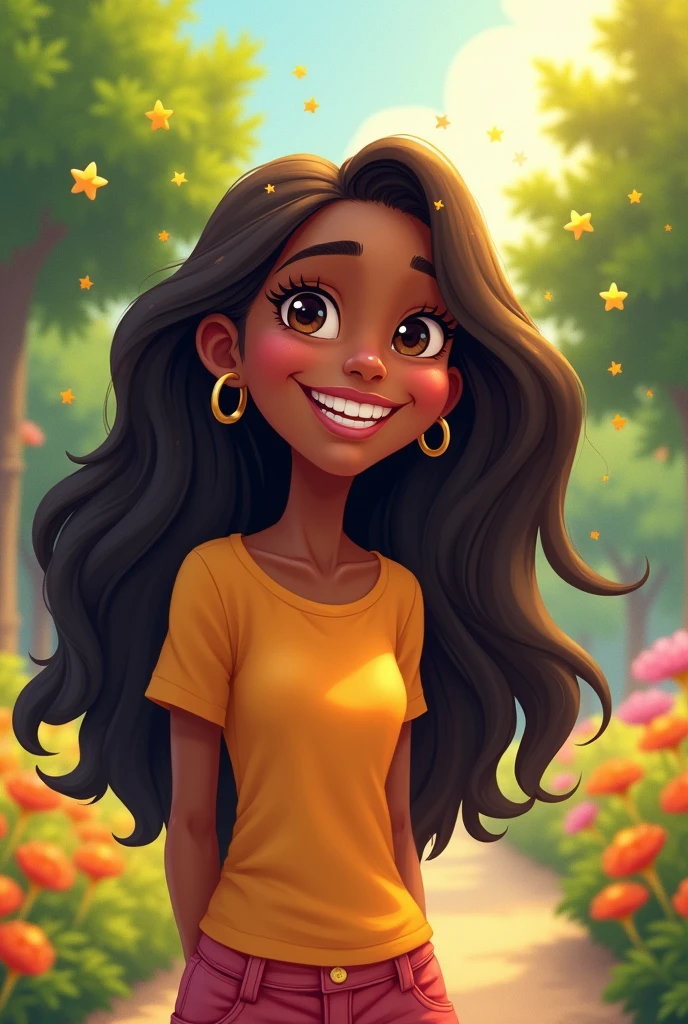 Brown skin long dark hair with bright brown eyes smiling in cartoon

