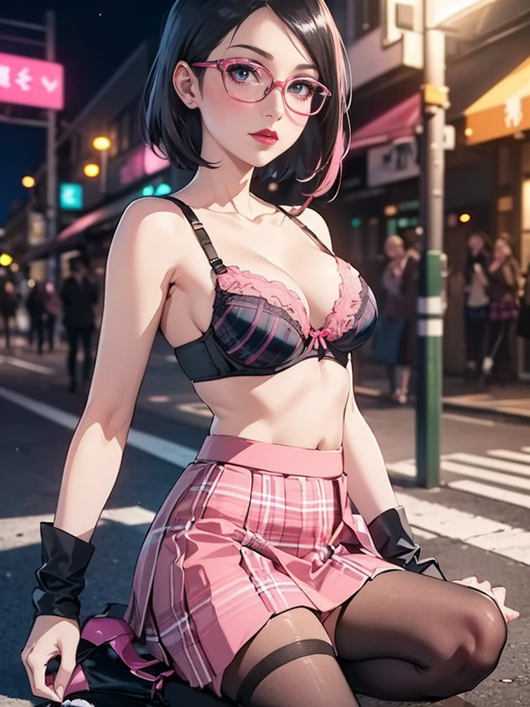 ((((Close up))), (1girl, solo, alone), (WakatsukiRisa, Sarada Uchiha, black hair, short hair, black eyes, red glasses), ((solo, (1woman, pink lipstick, (small breasts)), Extremely detailed, ambient soft lighting, 4k, perfect eyes, a perfect face, perfect lighting, a 1girl)), austere, ((parading on the sidewalk, (black bra, ), (((pink skirt)))))), (beige plaid skirt, short plaid skirt), high-heeled boots, (stiletto heel, thin heel), high-heeled boots, thigh-high boots, thigh and beige skirt, high boots, sexy look, wearing beige skirt, sexy clothes, in the city, monument, modern sculpture, Bella Poarca, Bela Vista, with neon lights, (pantyhose), boots above knee, night, lighting))