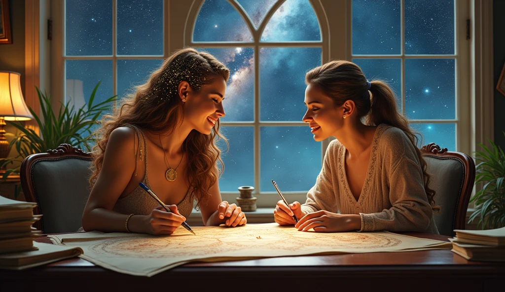 A scene of Sagittarius working alongside a Virgo figure at a desk, organizing plans and strategies amidst a backdrop of cosmic charts and maps, representing the balance between adventure and structure. --ar 16:9