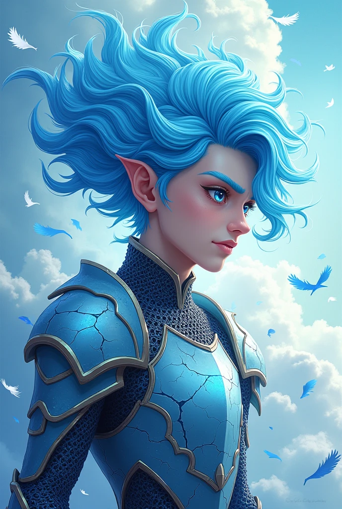 make me a wind genasi from the dungeons and dragons game which has cyan skin with cracks in it where light electric air comes out, Whose hair is vapor that surrounds his head
He is a cleric with the appearance of an 18-year-old boy
Make him more cartoonish and with chainmail armor