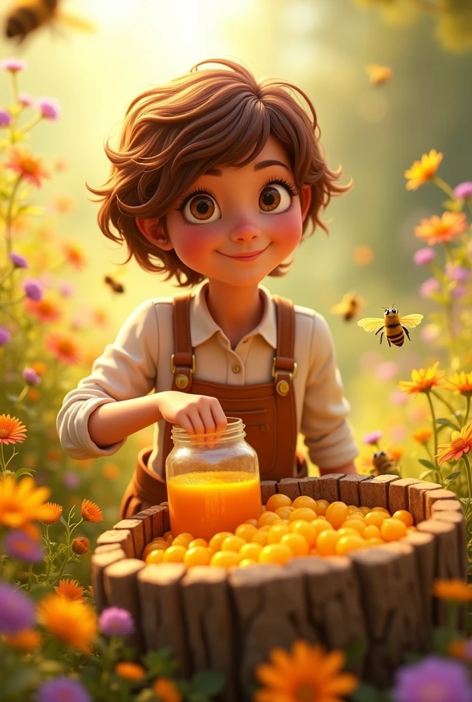 Create a 3d Disney Pixar style character for me , of a woman harvesting honey ,with short brown hair and brown eyes 