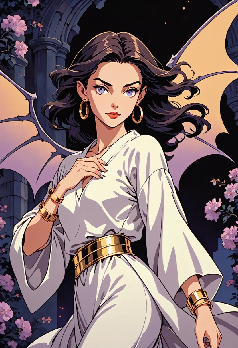 1990s gargoyle in the animation style of Gargoyles: The Goliath Chronicles. female gargoyle character with a humanoid form, lavender-gray skin, and bat-like wings. She has a sleek, athletic build with sharp claws on her hands and feet, pointed ears, and a long, slender tail. Her face is expressive with large, almond-shaped eyes, a defined nose, and a strong jawline. She wears a cream-colored tunic with a golden belt at the waist, along with gold hoop earrings and a gold bracelet. Her dark brown hair is voluminous and styled in a wave that falls just above her shoulders. The setting should have a night-time, gothic atmosphere with dramatic shadows to highlight her confident and poised stance.