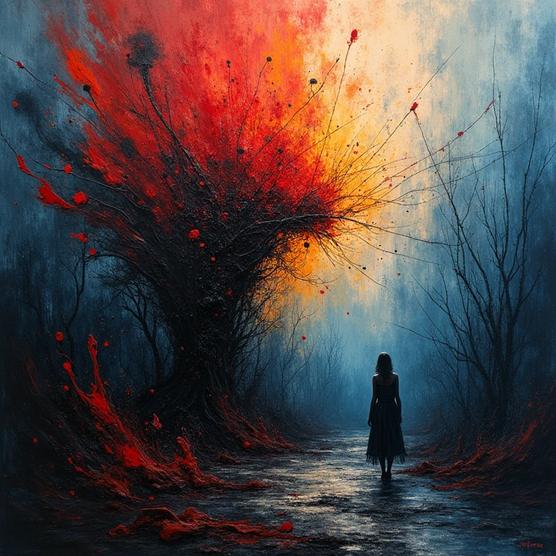 (Expressing Loneliness:1.4), depicted in an Abstract Expressionism art style, (the artwork conveys deep emotional isolation through a blend of chaotic and subdued elements:1.2), (vivid, turbulent brushstrokes and intense splashes of color contrast with muted, dark tones to illustrate the contrast between inner turmoil and external calm:1.2), (the composition includes solitary, fragmented forms and elongated shapes that evoke a sense of emptiness and separation:1.2), (background features swirling, dark hues with occasional bursts of stark, isolated colors that emphasize the central feeling of loneliness:1.2), (the overall image is raw and emotional, with complex textures and layered colors capturing the essence of solitude:1.2), (perfect image quality:1.4), (intricate details in the brushwork, emphasizing the depth of emotional expression and the artist's turmoil:1.2), (the image evokes a sense of profound loneliness and introspection through abstract forms and expressive color use:1.2)