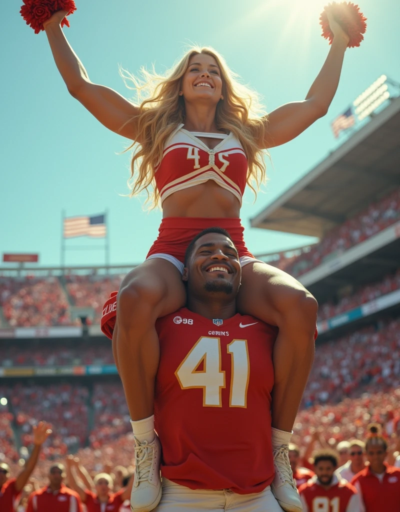 Blonde, Beautiful, and strong cheerleader lifting a large male football player high above her head with her strong arms. Photorealistic. View from a distance. Wide angle.