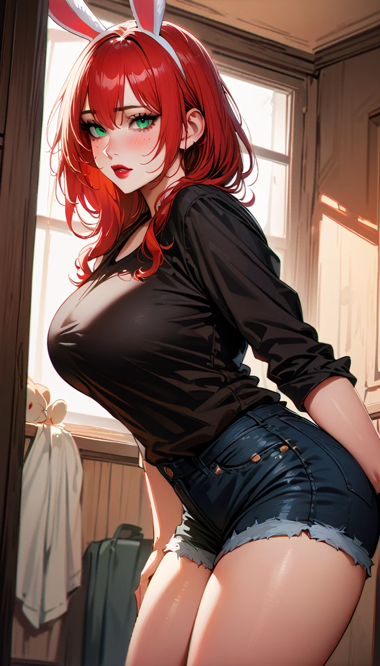 (high quality, 8k, 4K, high contrast, artwork:1.2, high quality, best aesthetics), (centered), ((1 woman)), erotic, sensual, mature body, grown woman, super detailed, beautiful face detailed, beautiful eyes detailed, detailed beautiful mouth, (long wavy red hair), (green eyes), (freckles), (red eyeshadow), (black eyeliner), (red lipstick), (blushing), (calm expression), (pair of white bunny ears), (simple black shirt), (black denim shorts), (inside a bedroom), (standing), (straight posture), (front view of woman), (big breasts)