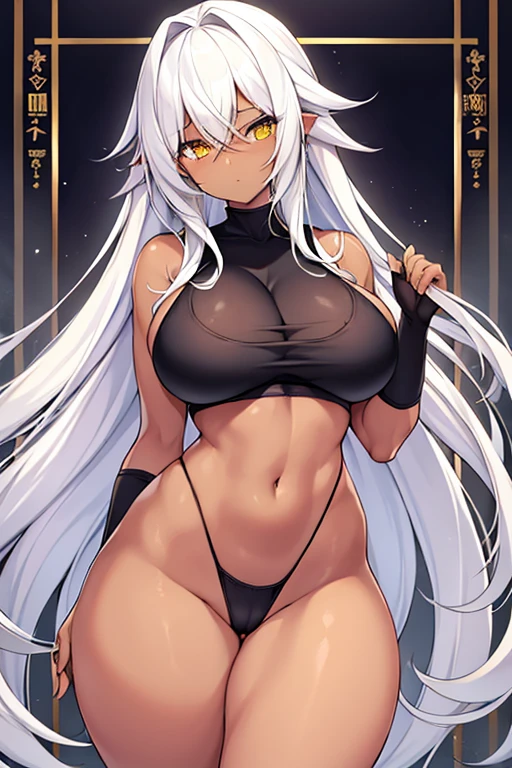 1girl, dark skin, dark-skinned female, white hair, long hair, yellow eyes, large breasts, wide hips, thick thighs, sportswear, shy, sports bra, hourglass figure, mature female, highleg, ((highleg)), bare legs, yellow trim, hair over eyes, long bangs, ((hair over eyes)), ((long bangs)), gold trim, timid, text, number, numbers,