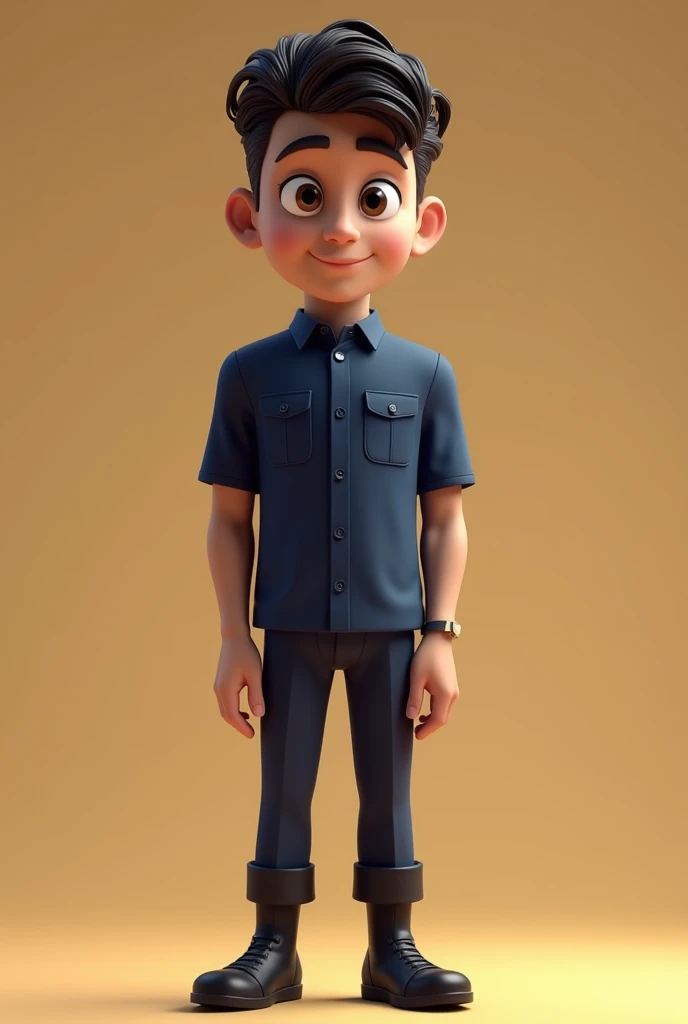 Create a 3d mascot with an adult face without a beard, a thin, light brown male with a thin face and a thin chin with brown eyes in a dark blue uniform with dark blue pants without details with black boots, and also with curly, short hair, goose bumps and bald with a thin nose.