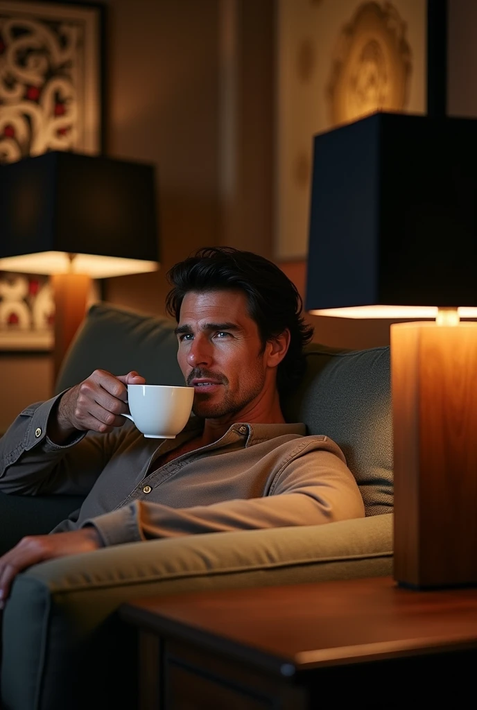 Create an image of Tom Cruise, the famous American actor, sitting on a couch, drinking coffee. Next to him is a lamp, with a square wooden base that is slightly shorter. The lampshade must be black and rectangular. The lamp should be fully visible in the image.