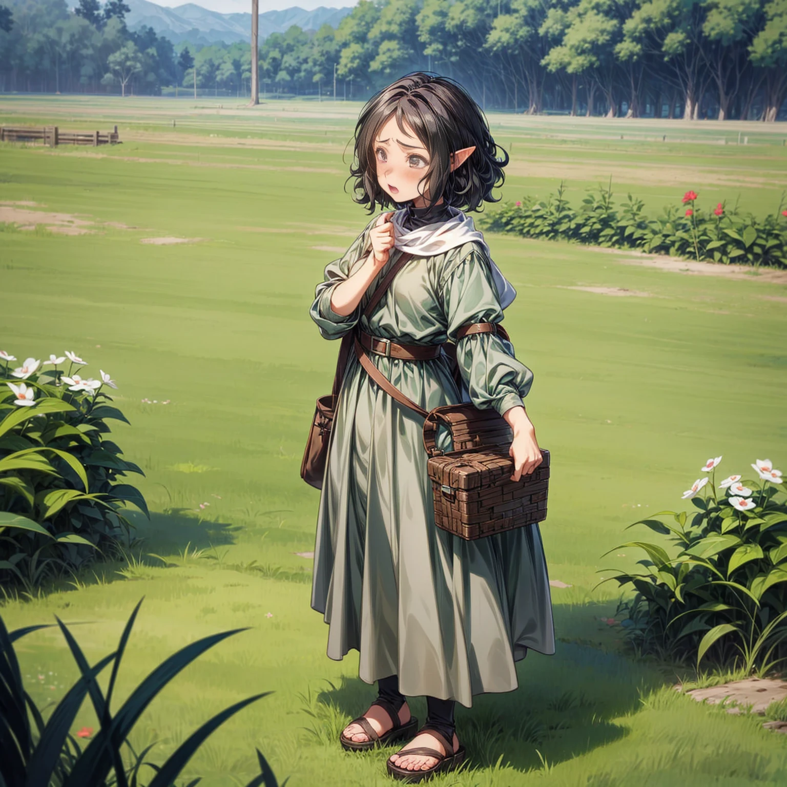 Solo character, full body version, kid girl, (elf), black eyes, black color hair, long curly haircut, Farmer outfit, sandals, outdoor, field, town, medieval, standing gesture, detailed background, detailed clothing, detailed hair, (Hunter x Hunter style art, Doraemon style art), crying 