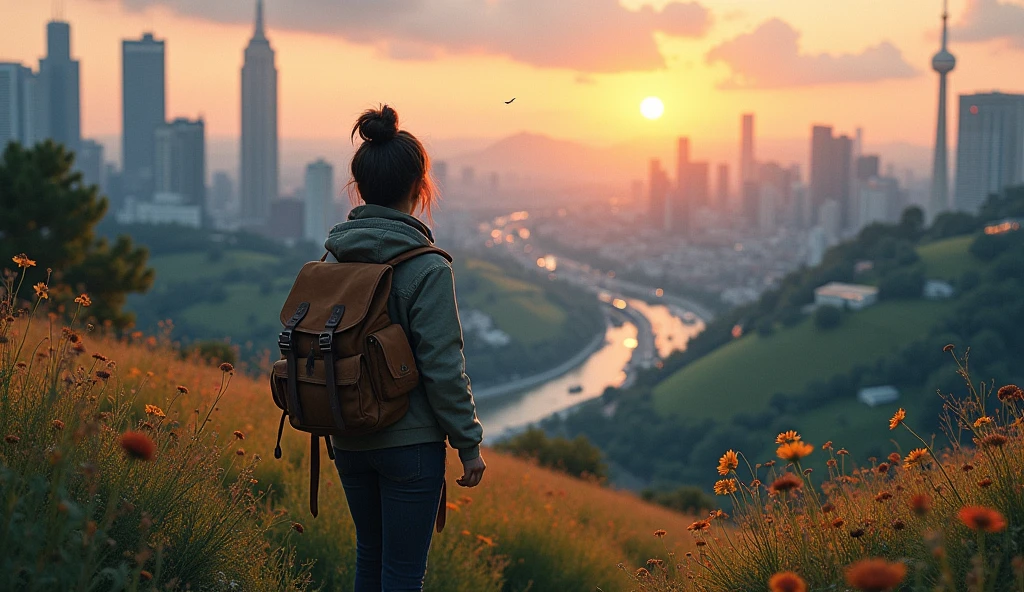 An inspiring scene of a person on a journey across varied landscapes—from a bustling city to serene countryside—showing their ongoing quest for exploration and balance. --ar 16:9